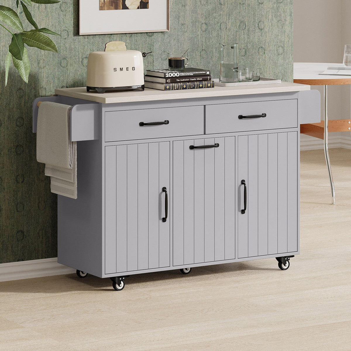 Bybafun Gray Mdf Base with Mdf Wood Top Rolling Kitchen Cart (20.6-in x 51-in x 35-in)