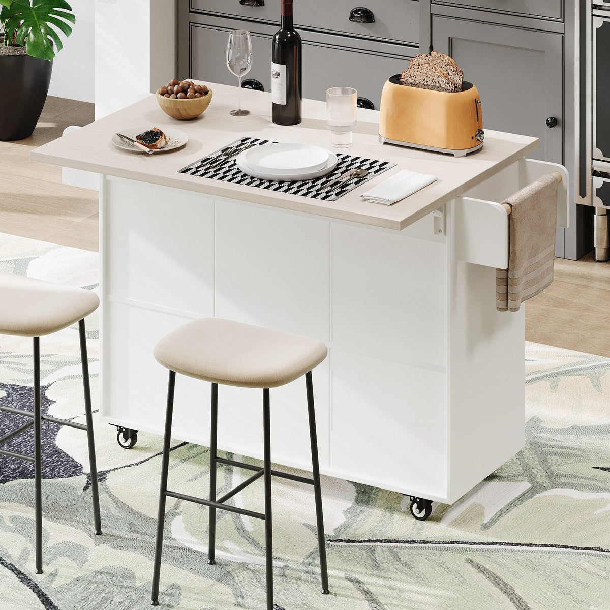 Bybafun White Mdf Base with Mdf Wood Top Rolling Kitchen Cart (20.6-in x 51-in x 35-in)