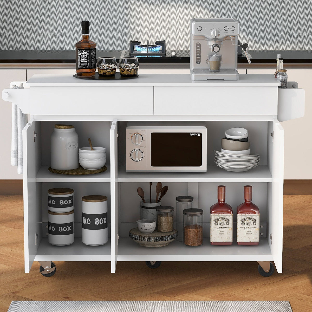 Bybafun White Mdf Base with Mdf Wood Top Rolling Kitchen Island (27.6-in x 53.2-in x 36.3-in)