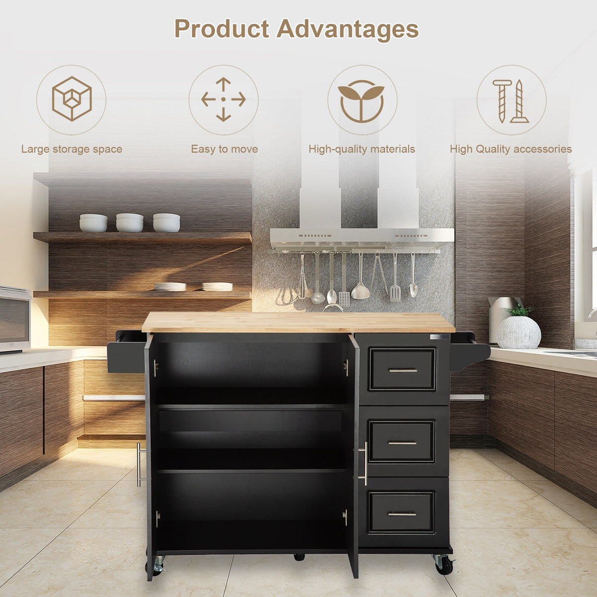 Bybafun Black Mdf Base with Wood Top Rolling Kitchen Island (30-in x 53.9-in x 36.2-in)
