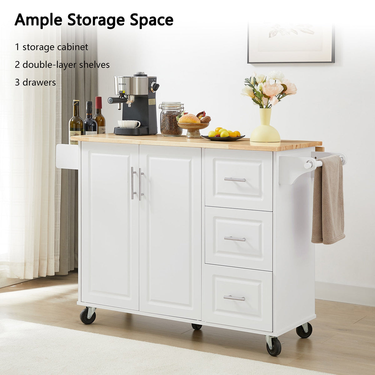 Bybafun White Mdf Base with Mdf Wood Top Rolling Kitchen Island (18.1-in x 53.8-in x 35.5-in)