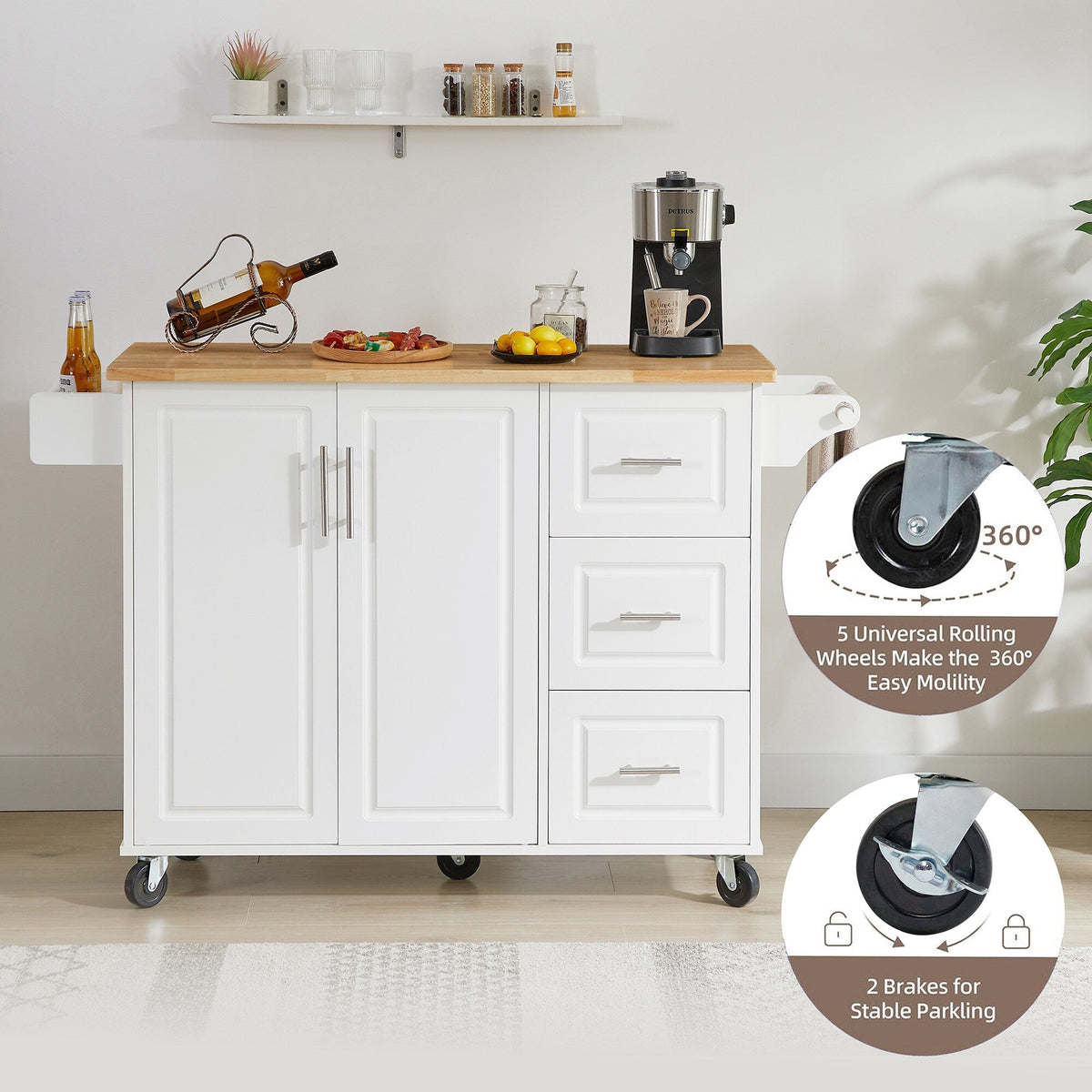 Bybafun White Mdf Base with Mdf Wood Top Rolling Kitchen Island (18.1-in x 53.8-in x 35.5-in)