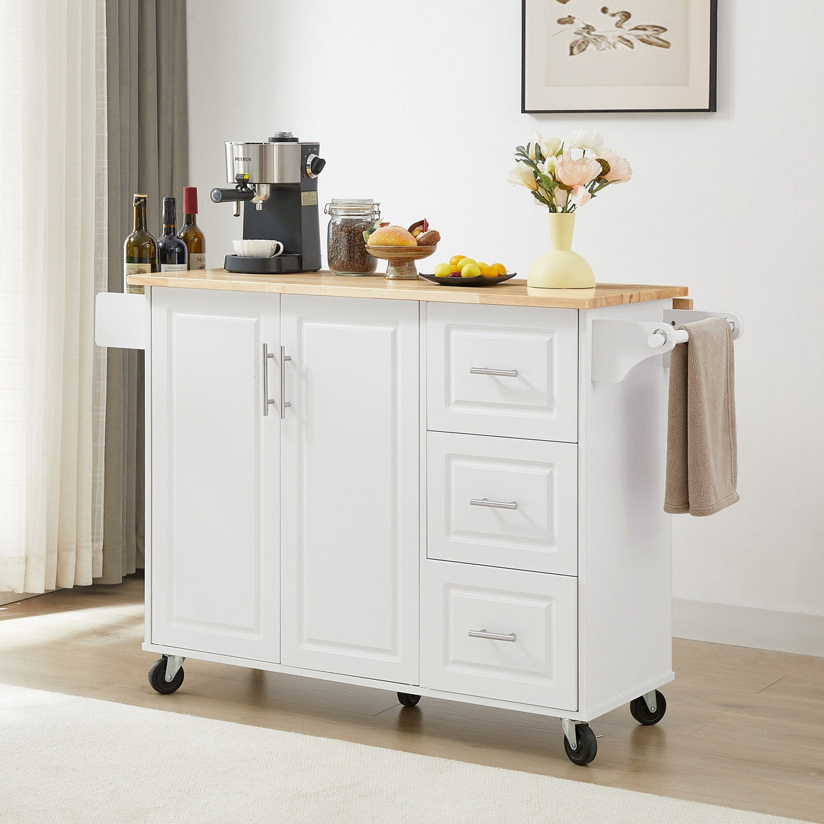 Bybafun White Mdf Base with Mdf Wood Top Rolling Kitchen Island (18.1-in x 53.8-in x 35.5-in)