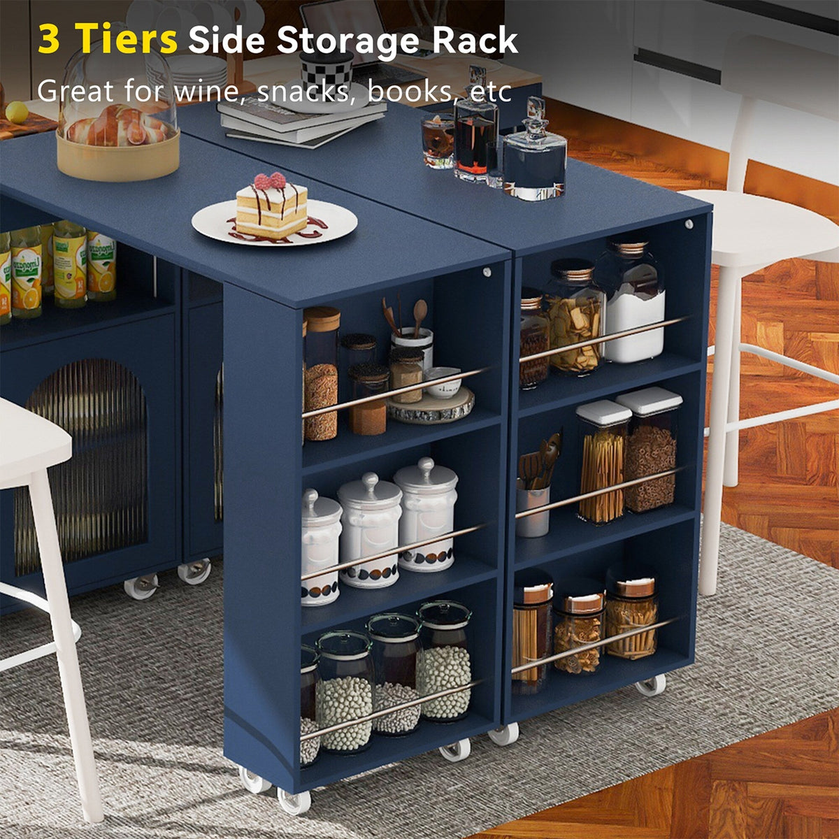 Bybafun Blue Mdf Base with Mdf Wood Top Rolling Kitchen Island (15.8-in x 56.3-in x 37.1-in)
