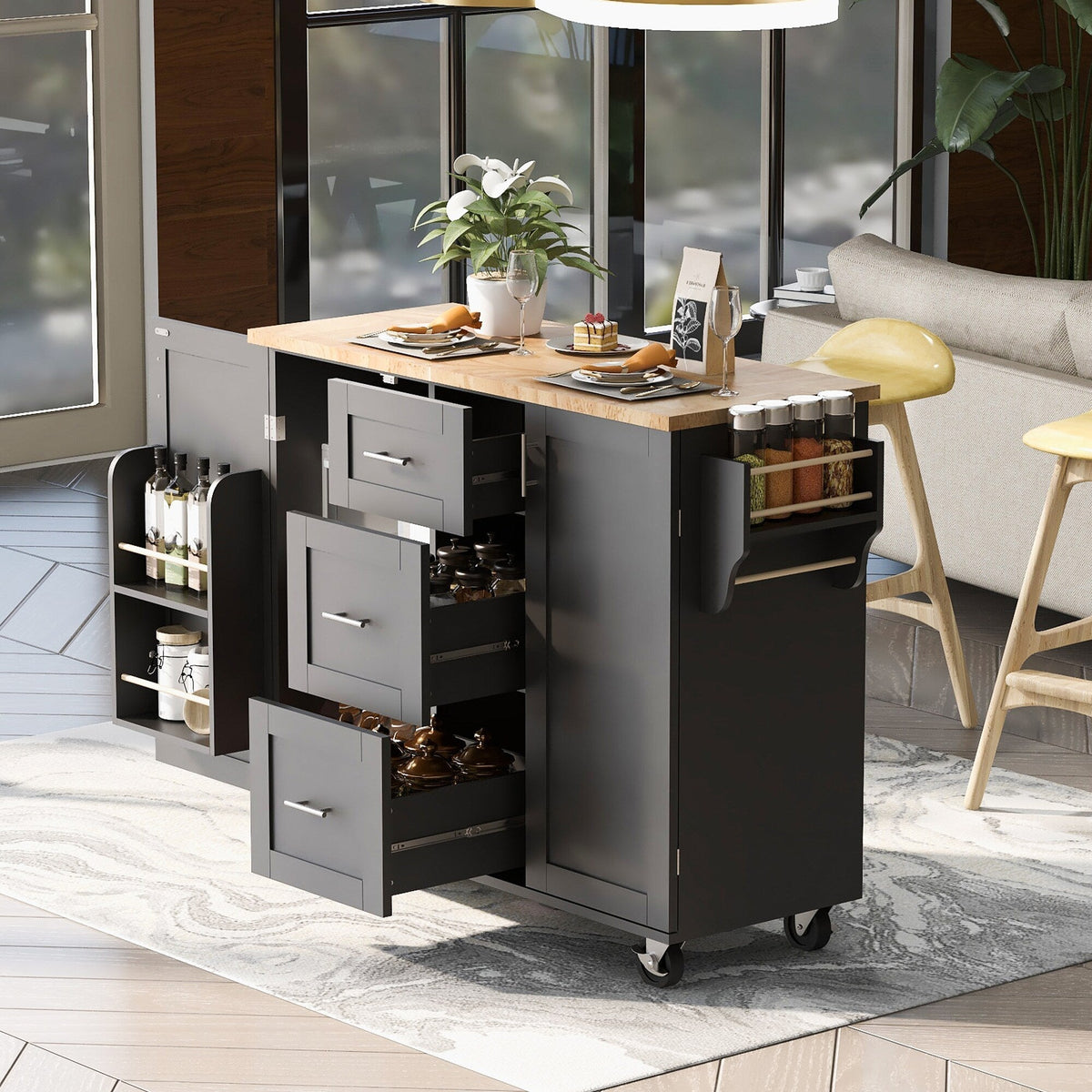 Bybafun Black Mdf Base with Wood Top Rolling Kitchen Island (17-in x 50-in x 36.9-in)
