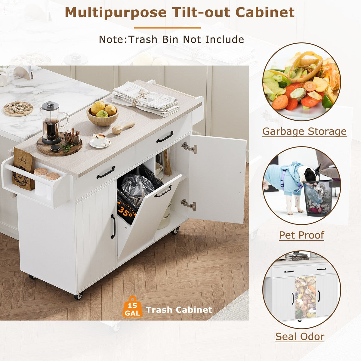 Bybafun White Mdf Base with Mdf Wood Top Rolling Kitchen Cart (20.6-in x 51-in x 35-in)