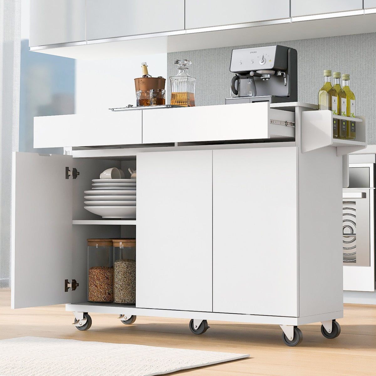 Bybafun White Mdf Base with Mdf Wood Top Rolling Kitchen Island (27.6-in x 53.2-in x 36.3-in)