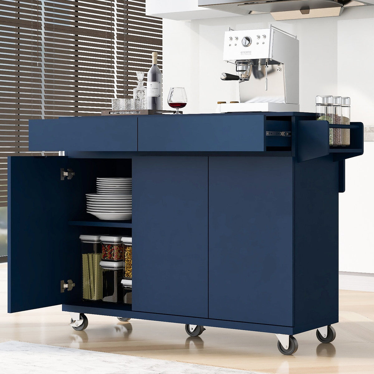 Bybafun Blue Mdf Base with Mdf Wood Top Rolling Kitchen Island (27.6-in x 53.2-in x 36.3-in)