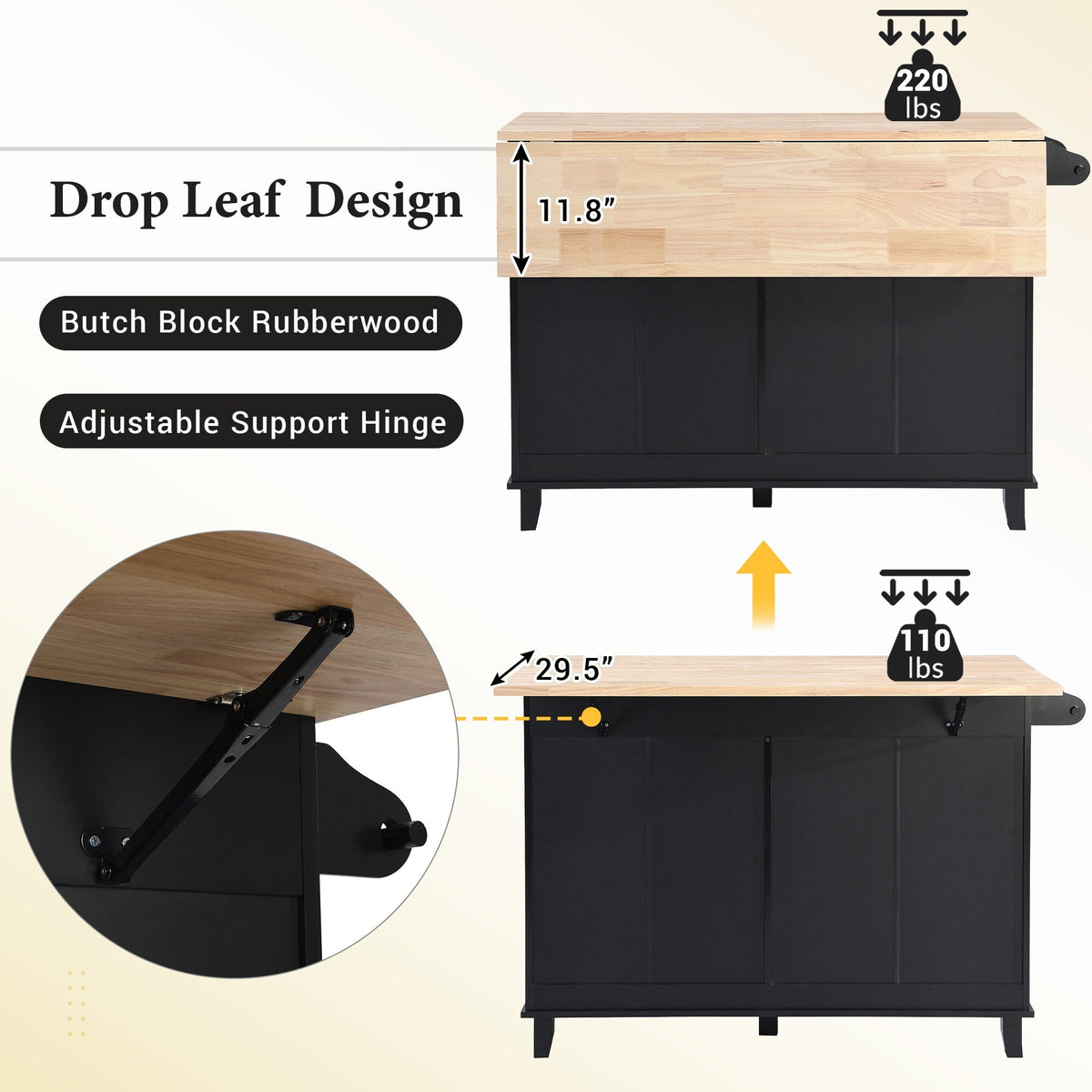 Bybafun Black Mdf Base with Wood Top Rolling Kitchen Island (29.5-in x 50.3-in x 36.6-in)