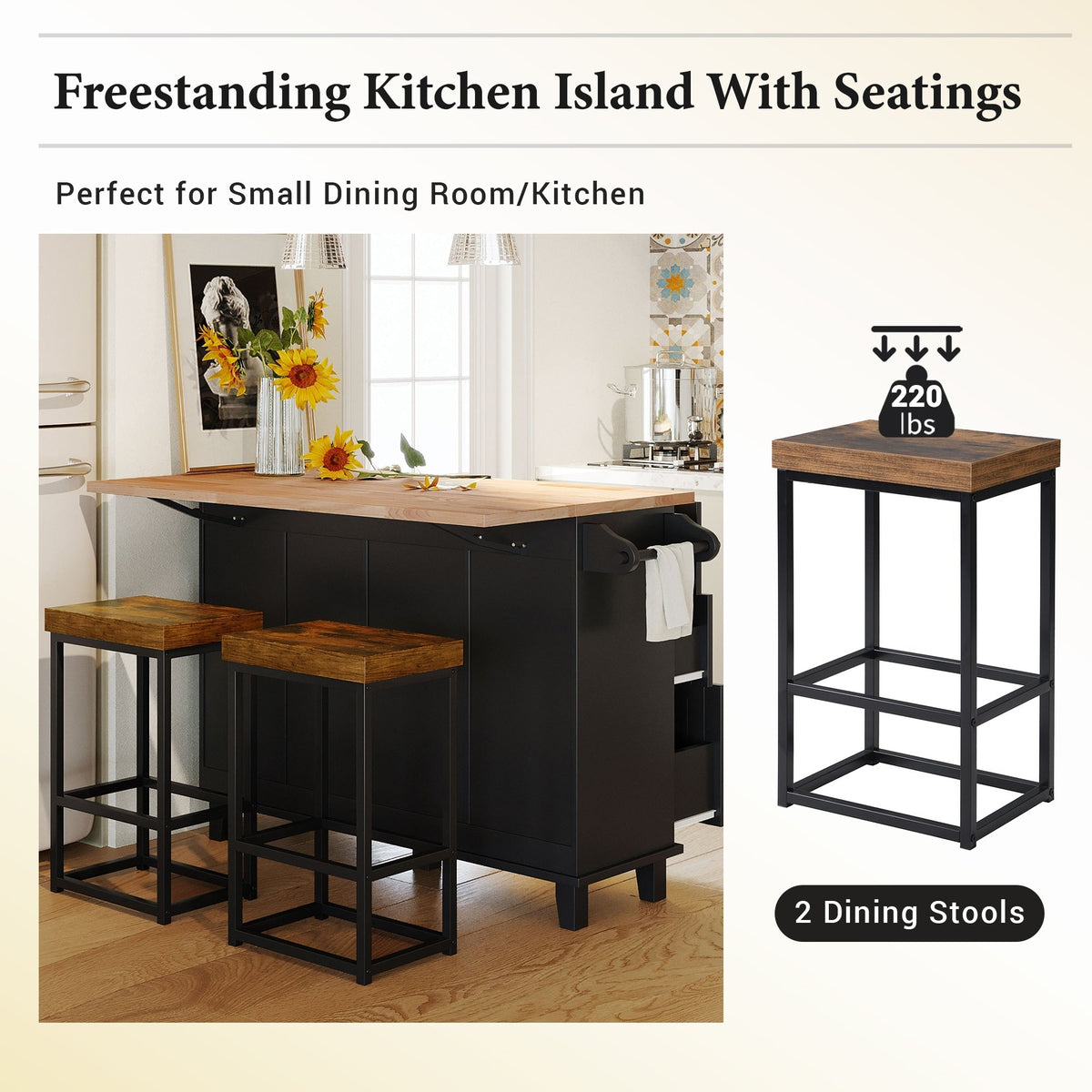 Bybafun Black Mdf Base with Wood Top Rolling Kitchen Island (29.5-in x 50.3-in x 36.6-in)