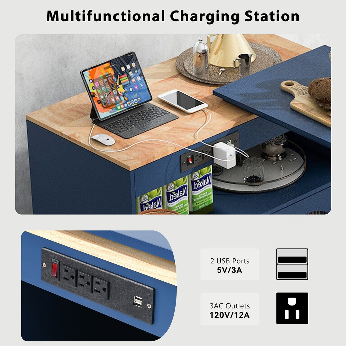 Bybafun Blue Mdf Base with Mdf Wood Top Rolling Kitchen Island (15.8-in x 56.3-in x 37.1-in)