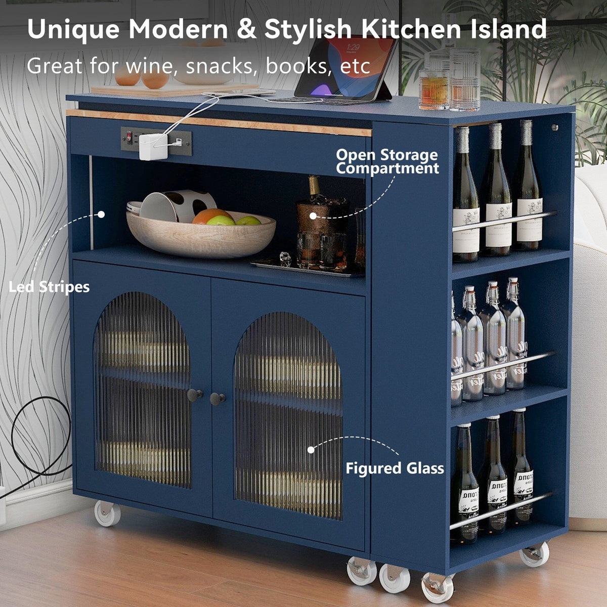 Bybafun Blue Mdf Base with Mdf Wood Top Rolling Kitchen Island (15.8-in x 56.3-in x 37.1-in)