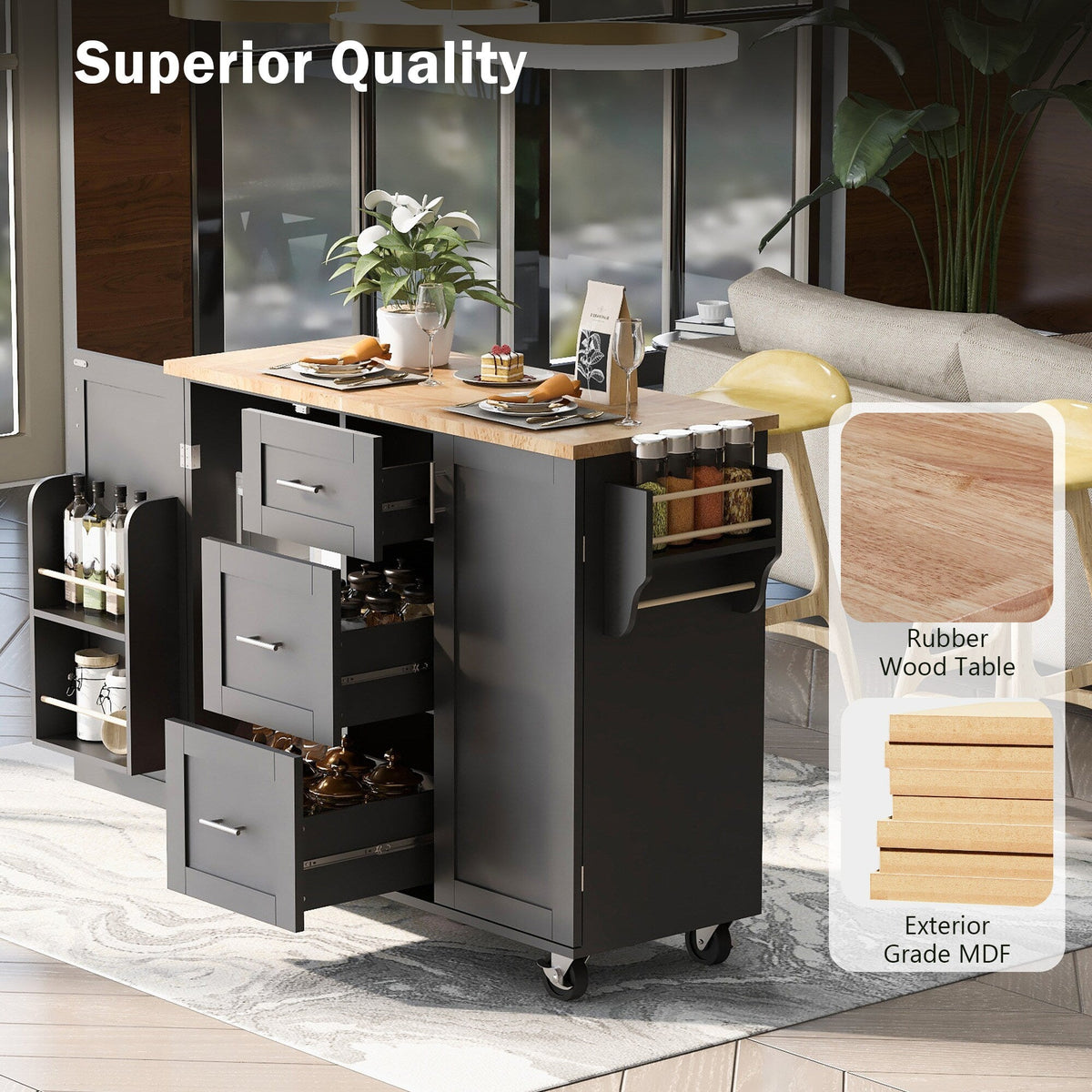 Bybafun Black Mdf Base with Wood Top Rolling Kitchen Island (17-in x 50-in x 36.9-in)
