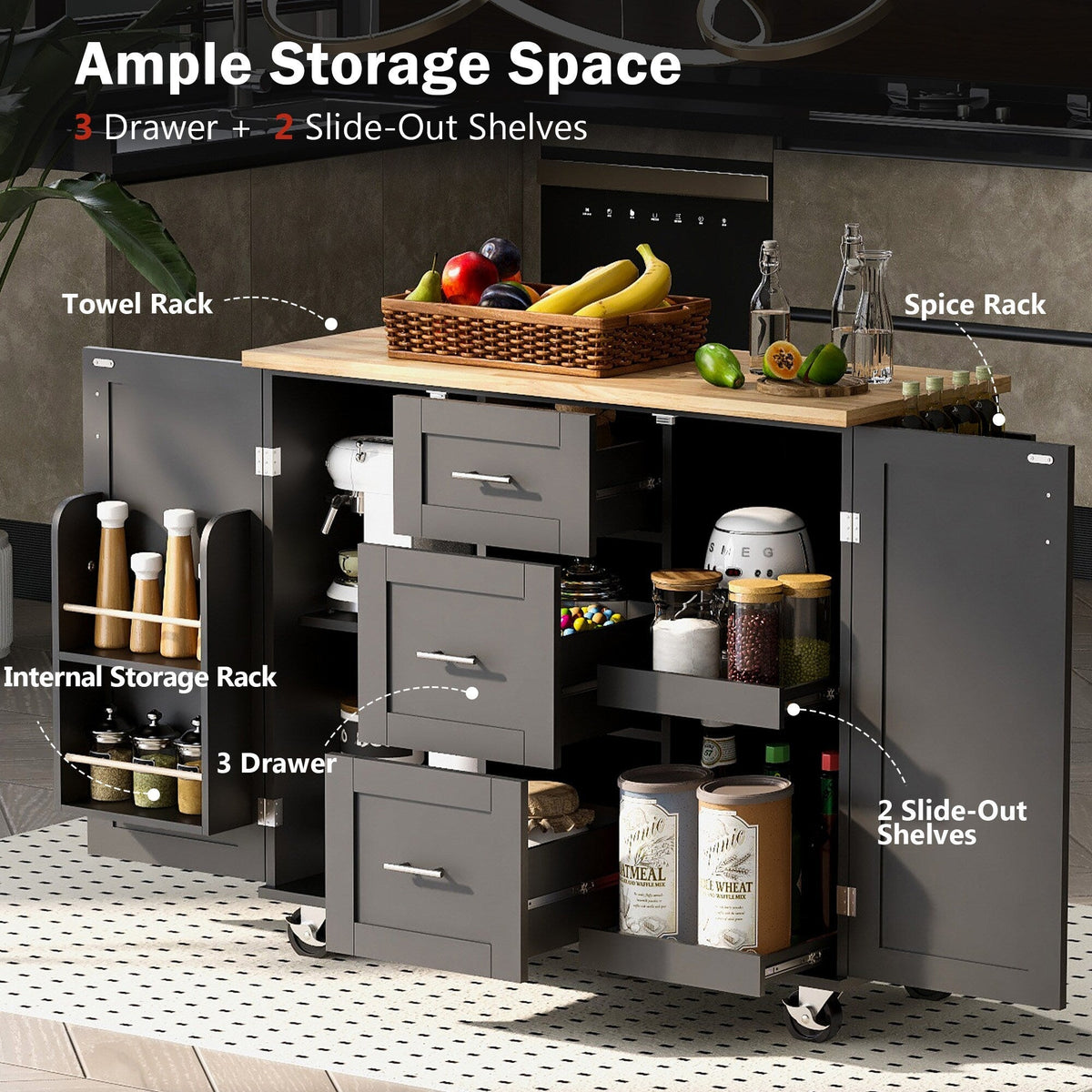 Bybafun Black Mdf Base with Wood Top Rolling Kitchen Island (17-in x 50-in x 36.9-in)