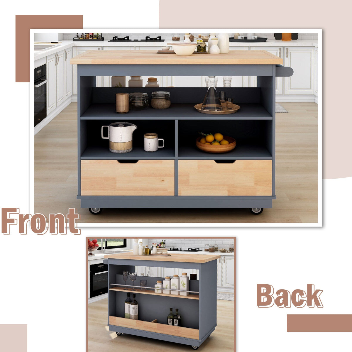 Bybafun Gray Mdf Base with Wood Top Rolling Kitchen Cart (21.7-in x 43.3-in x 35.6-in)