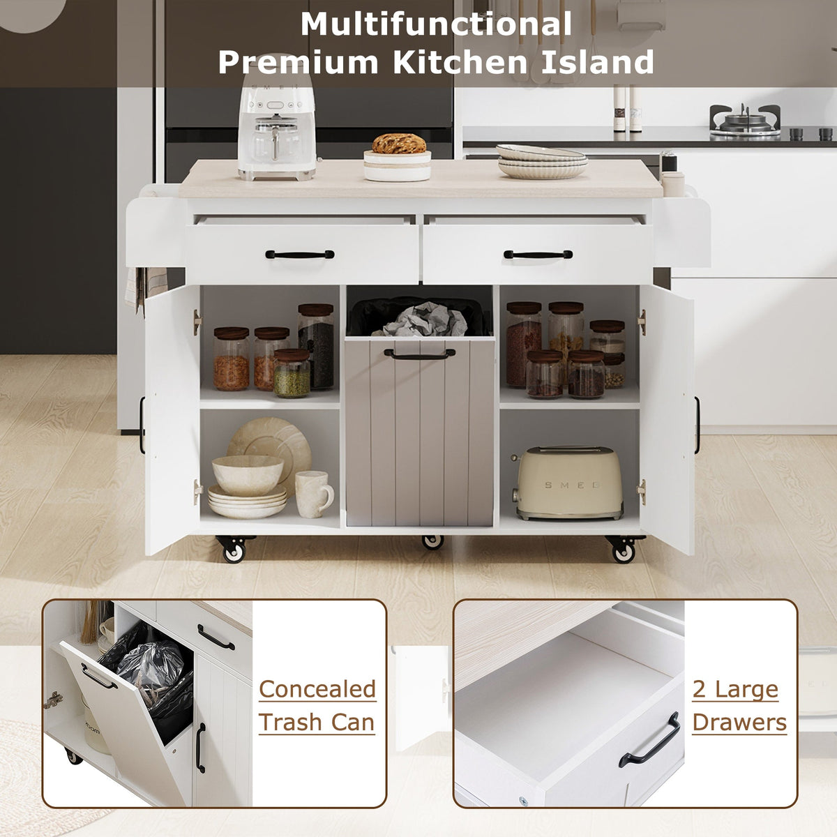 Bybafun White Mdf Base with Mdf Wood Top Rolling Kitchen Cart (20.6-in x 51-in x 35-in)