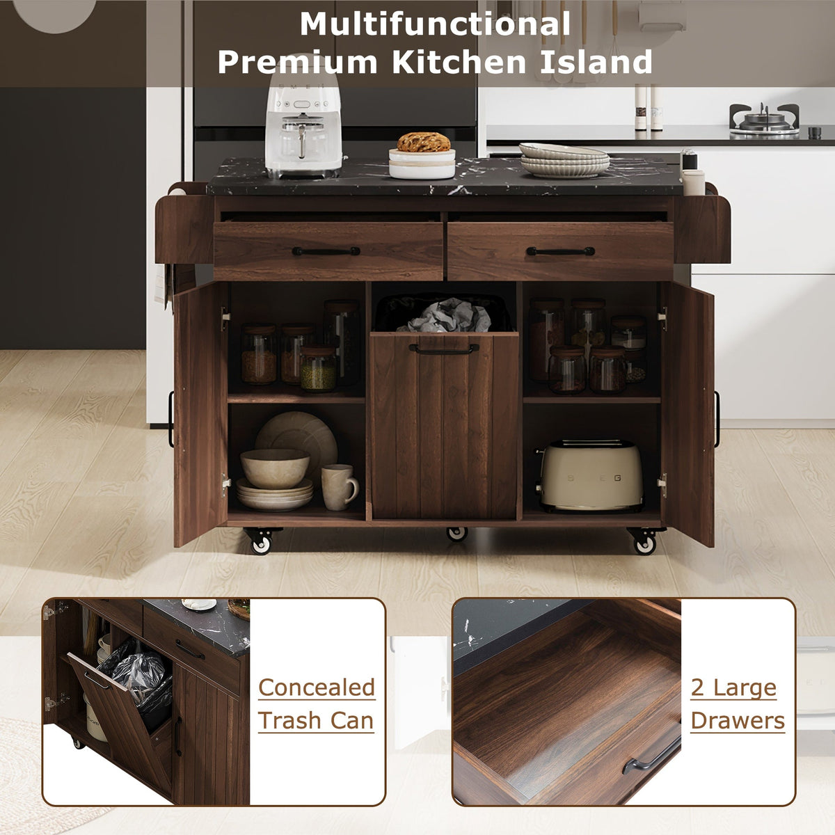 Bybafun Brown Mdf Base with Mdf Wood Top Rolling Kitchen Cart (20.6-in x 51-in x 35-in)