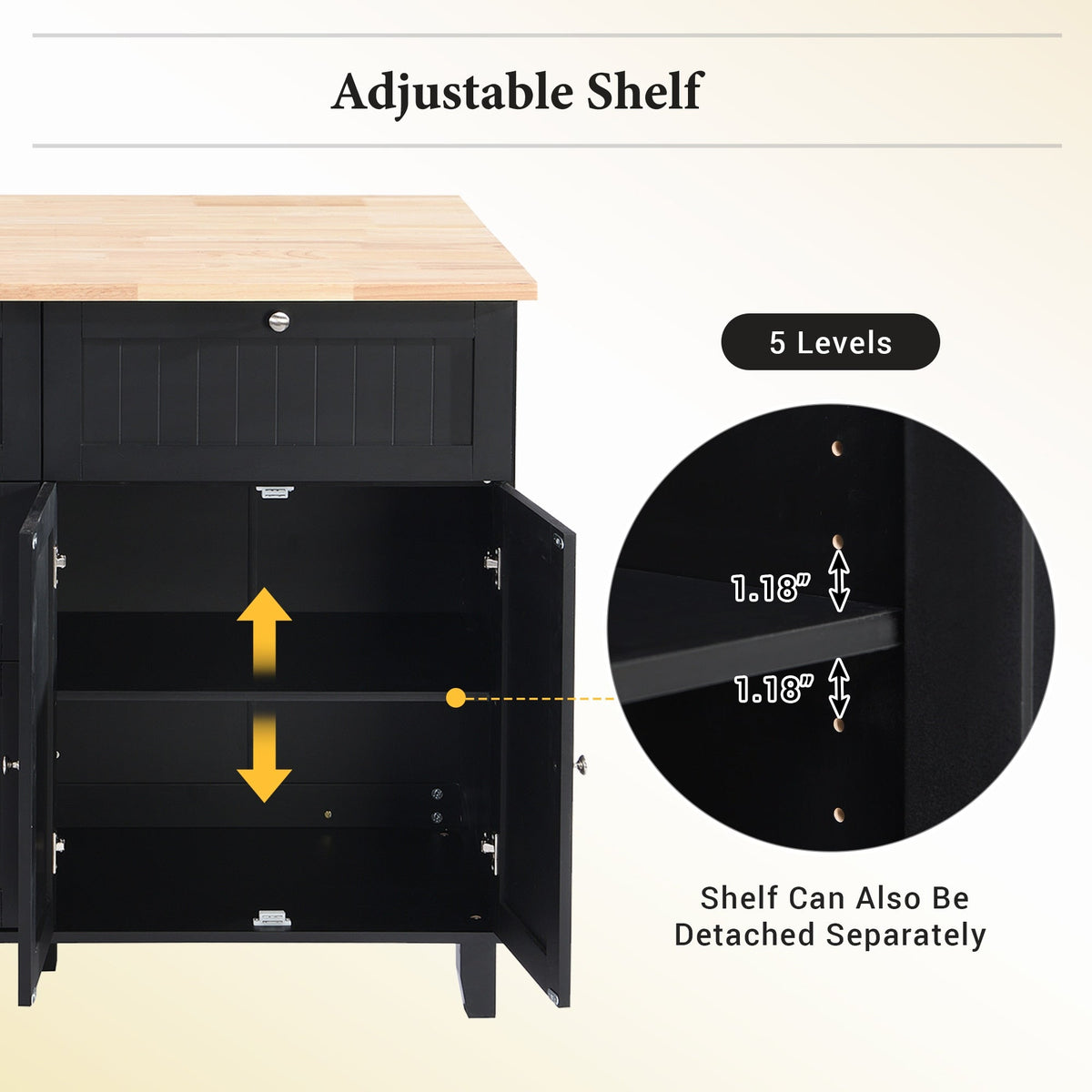 Bybafun Black Mdf Base with Wood Top Rolling Kitchen Island (29.5-in x 50.3-in x 36.6-in)