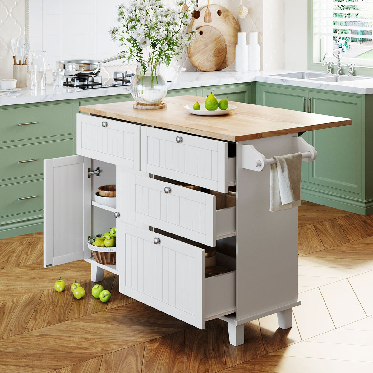 Bybafun White Mdf Base with Wood Top Rolling Kitchen Island (29.5-in x 50.3-in x 36.6-in)