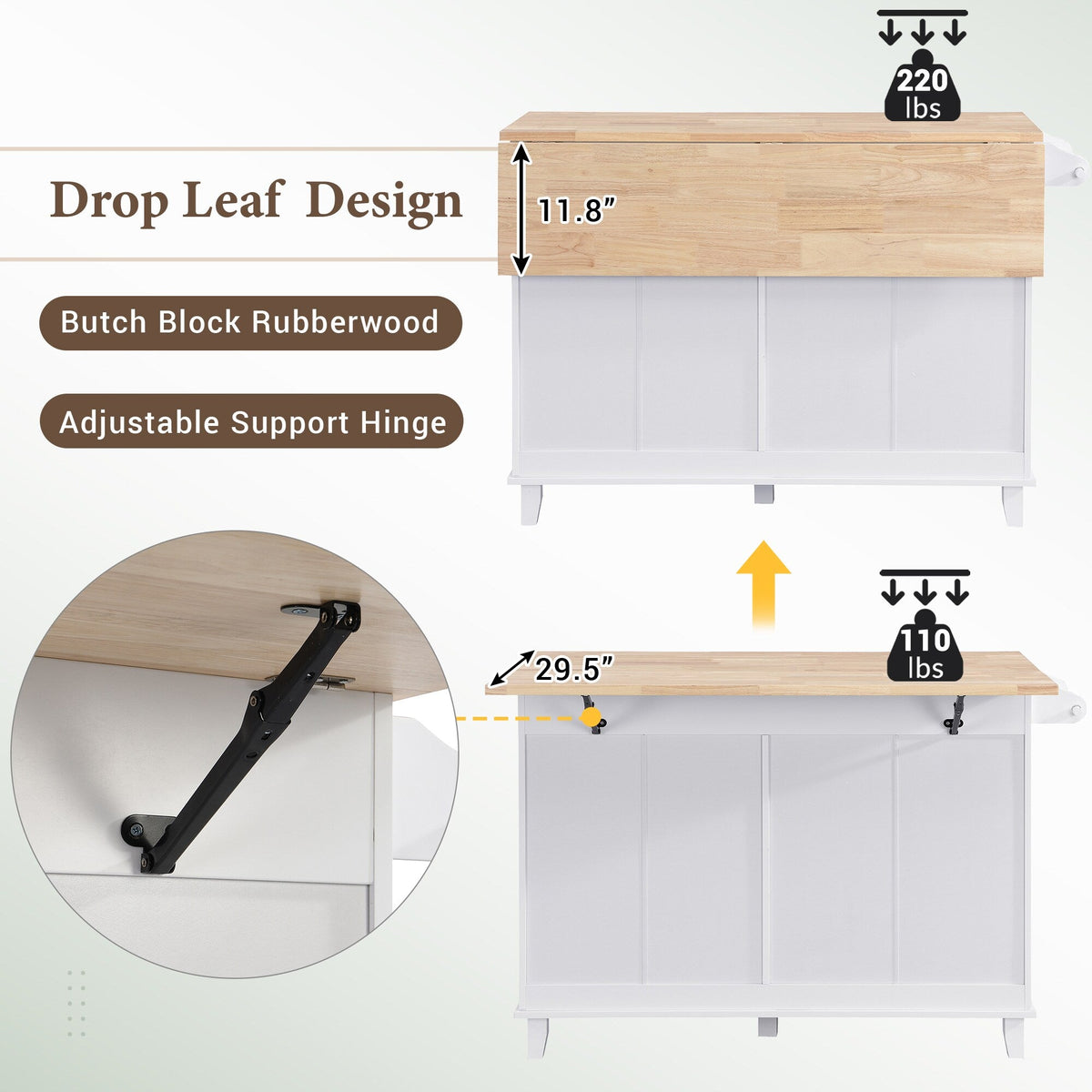 Bybafun White Mdf Base with Wood Top Rolling Kitchen Island (29.5-in x 50.3-in x 36.6-in)