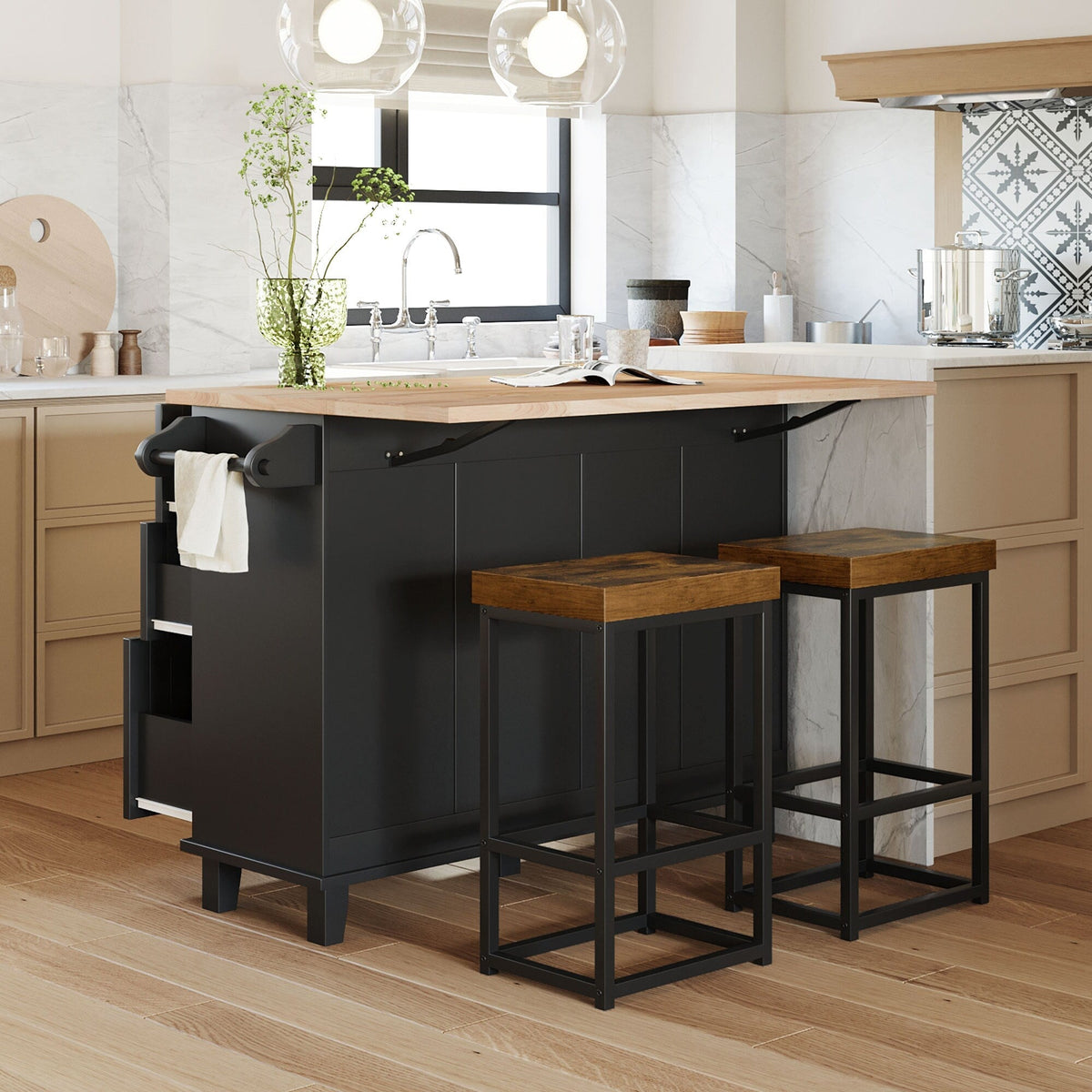 Bybafun Black Mdf Base with Wood Top Rolling Kitchen Island (29.5-in x 50.3-in x 36.6-in)