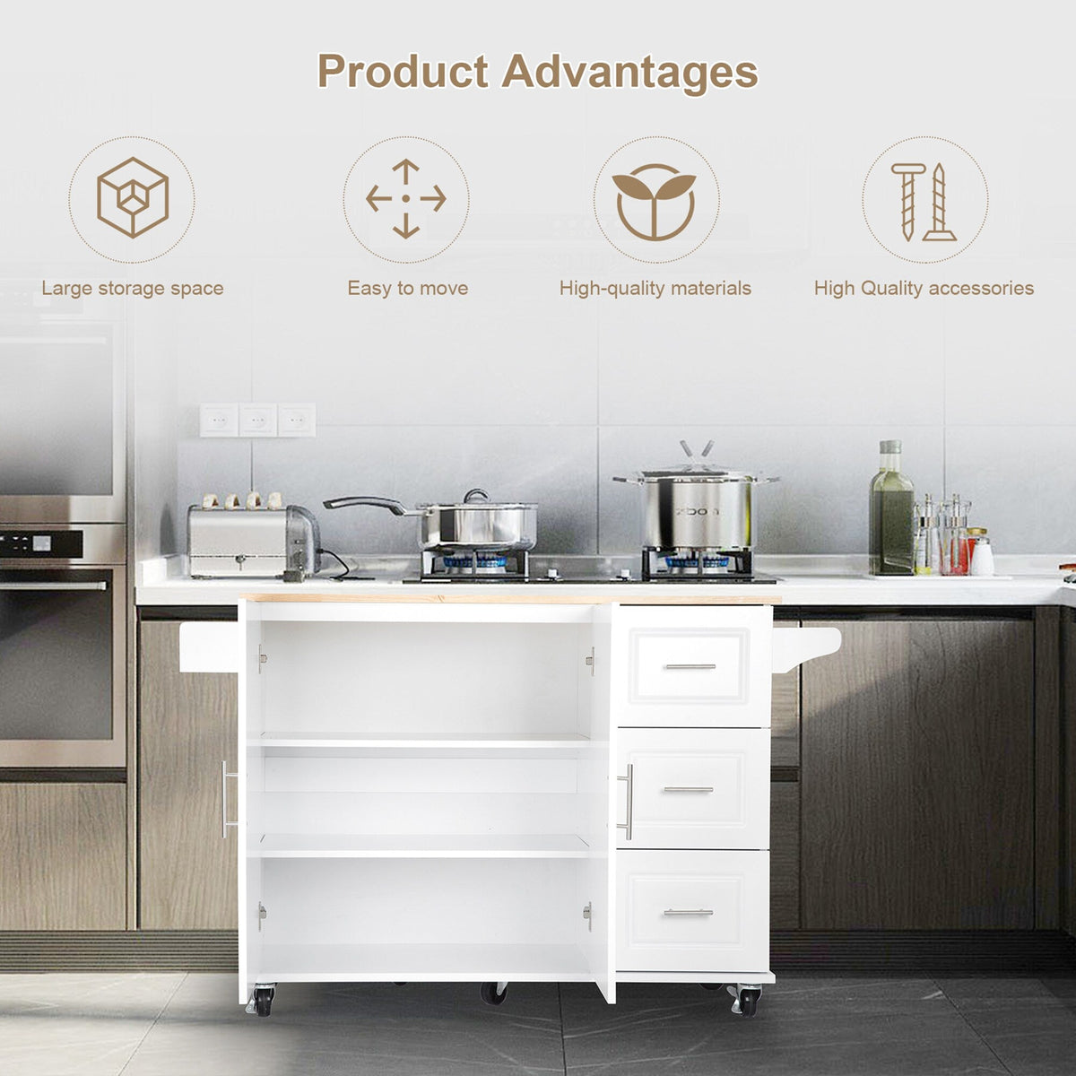 Bybafun White Mdf Base with Wood Top Rolling Kitchen Island (30-in x 53.9-in x 36.2-in)