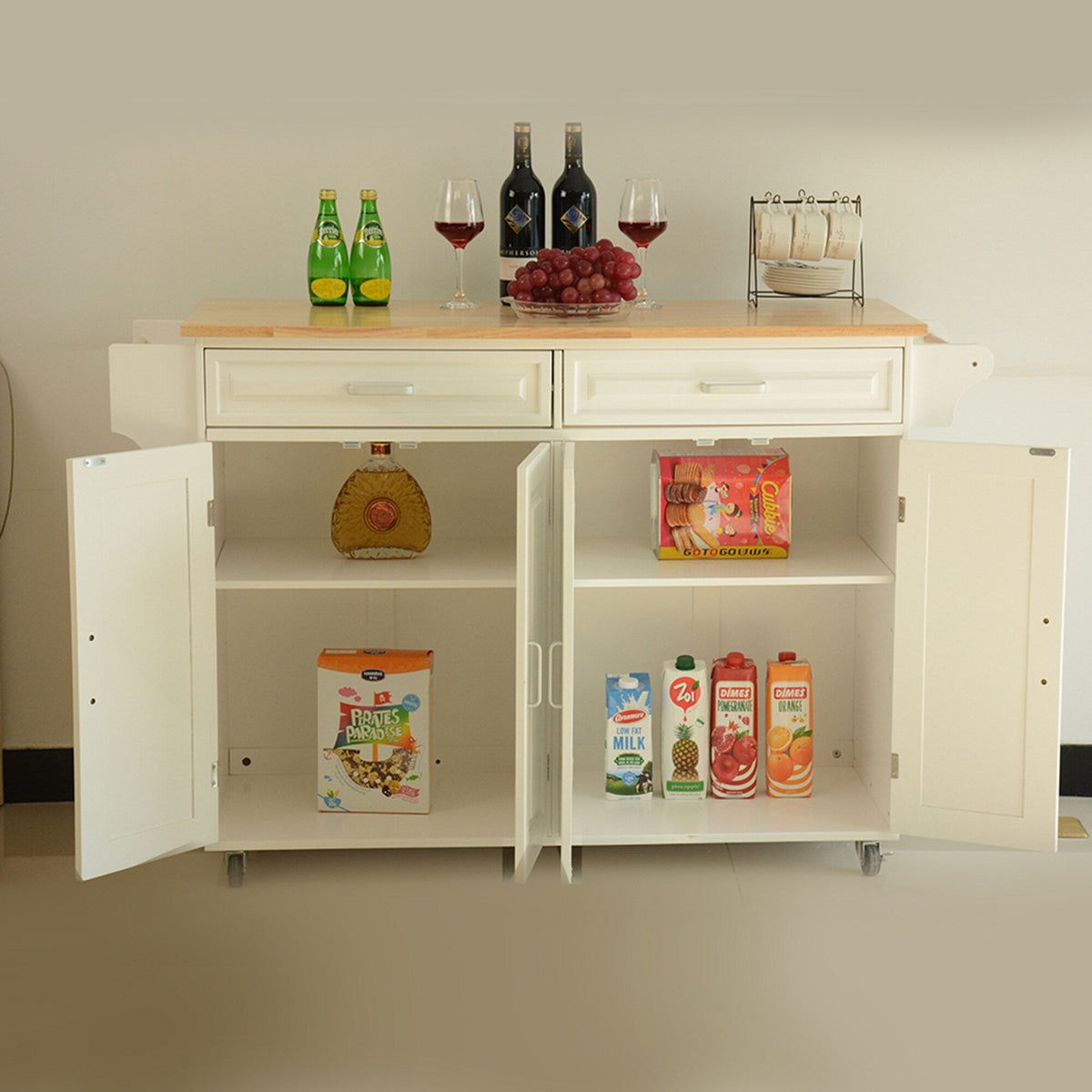 Bybafun White Mdf Base with Wood Top Rolling Kitchen Island (18.1-in x 53.9-in x 35-in)
