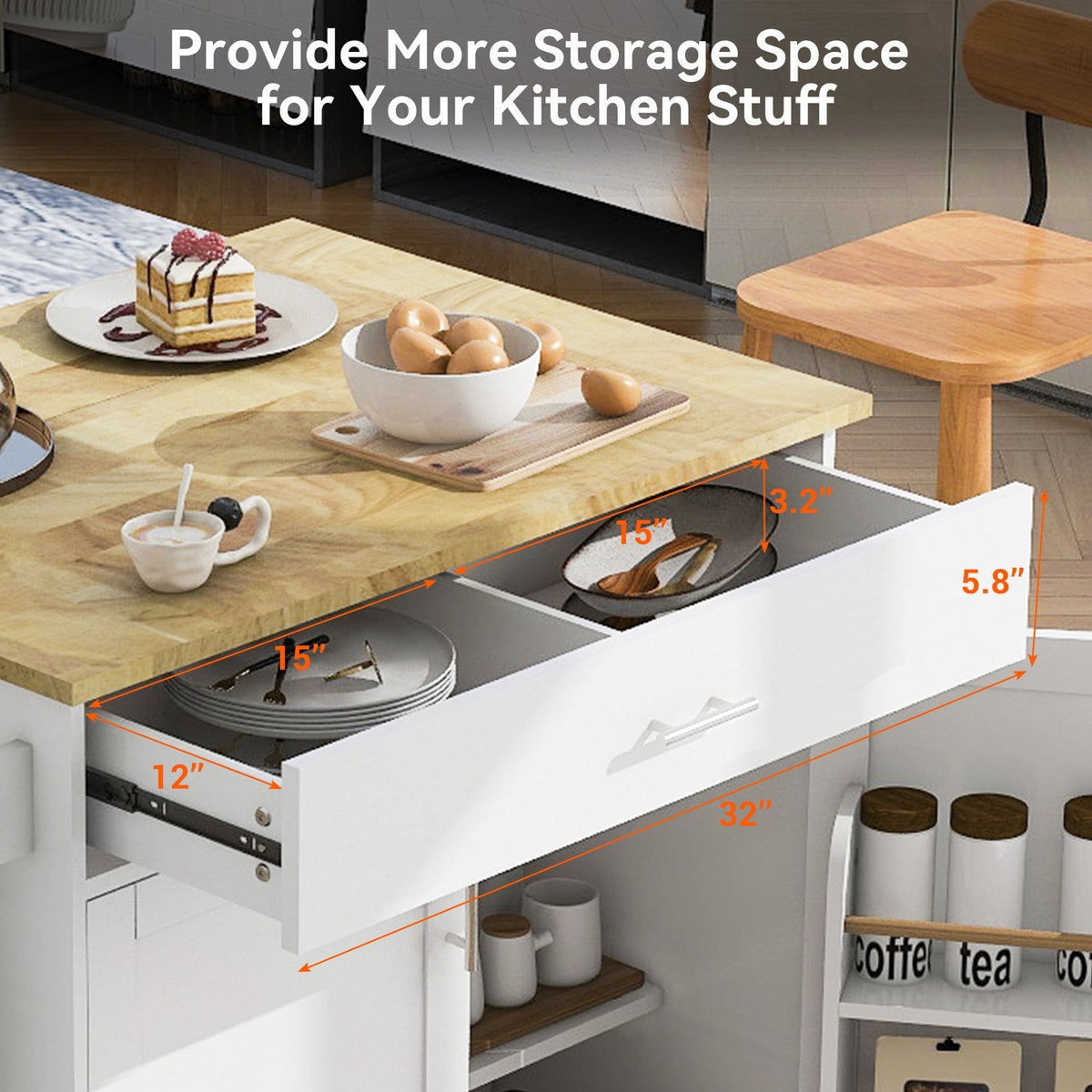 Bybafun White Mdf Base with Wood Top Rolling Kitchen Island (25.7-in x 39-in x 34-in)