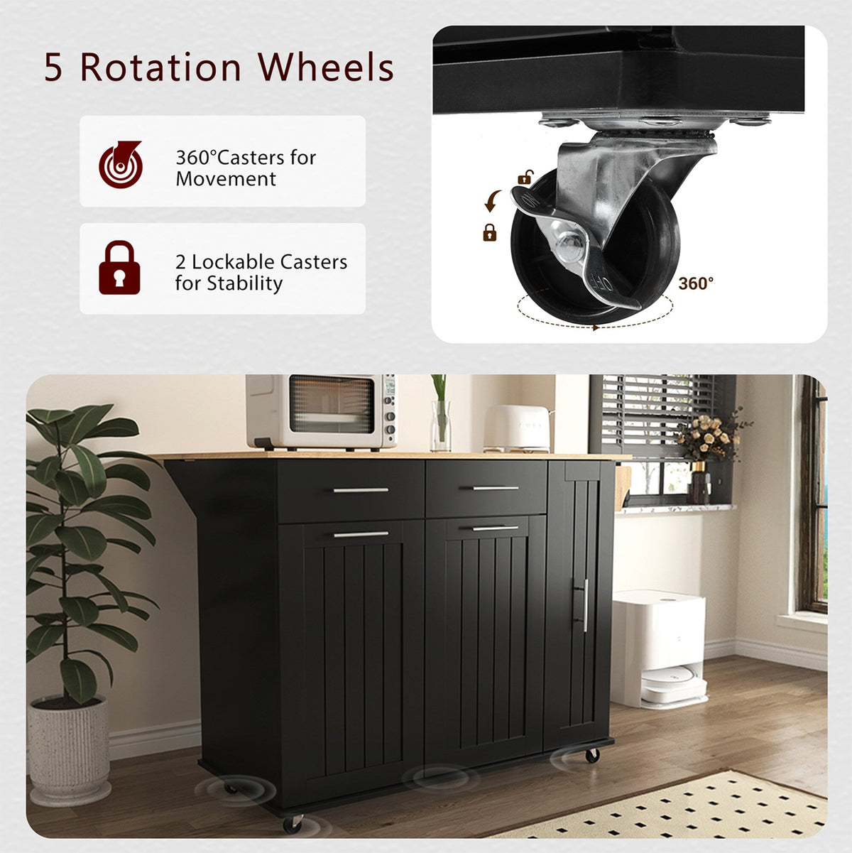 Bybafun Black Mdf Base with Mdf Wood Top Rolling Kitchen Island (29.5-in x 46-in x 37-in)