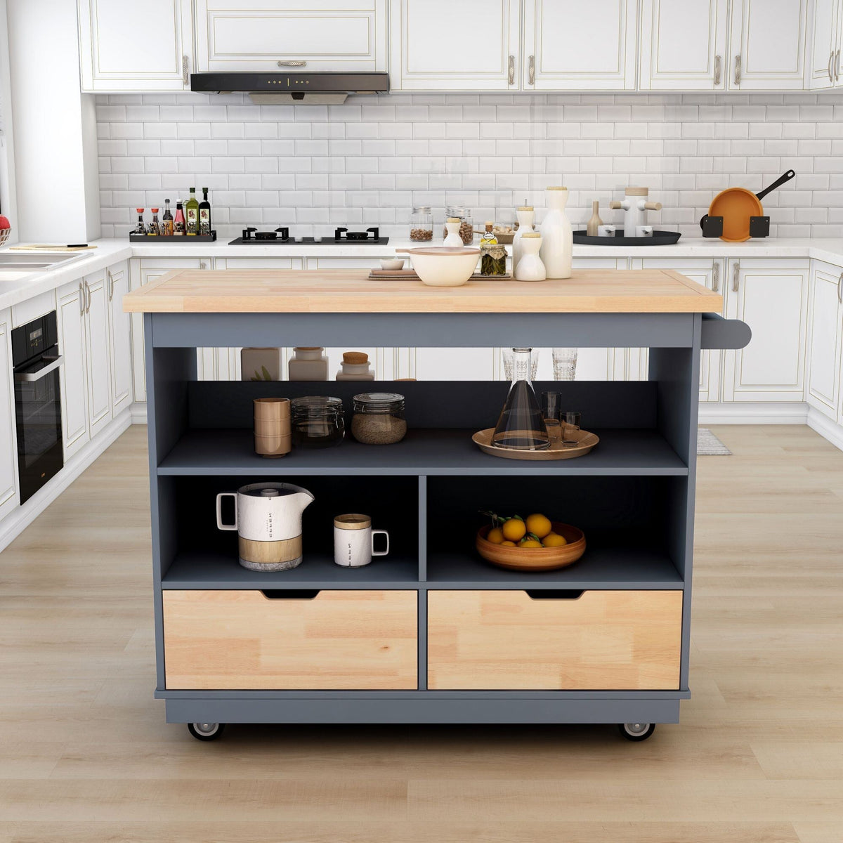 Bybafun Gray Mdf Base with Wood Top Rolling Kitchen Cart (21.7-in x 43.3-in x 35.6-in)