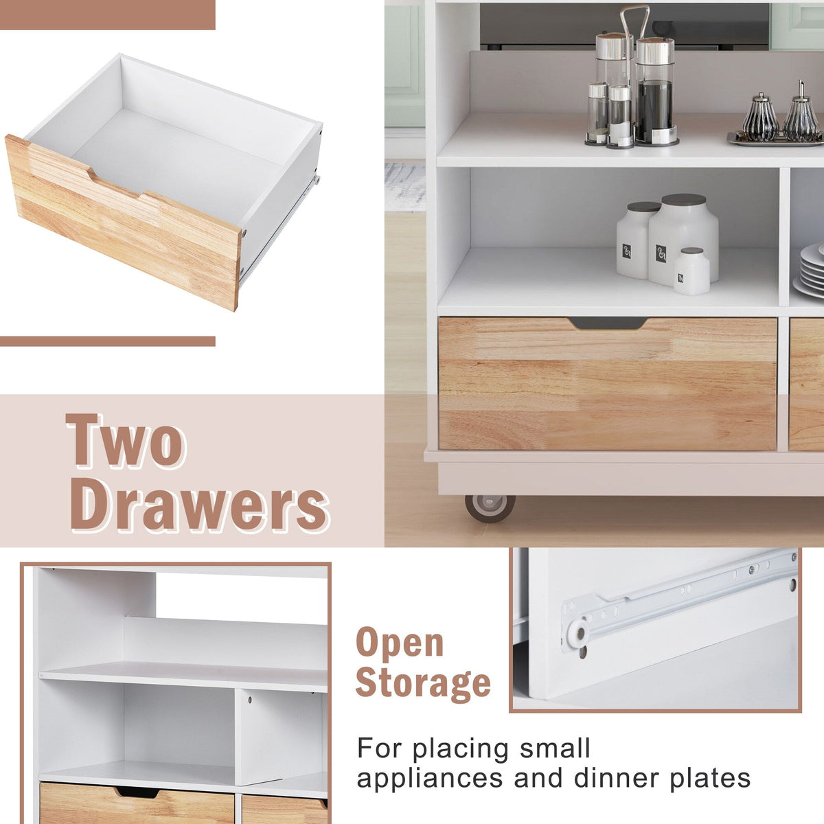 Bybafun White Mdf Base with Wood Top Rolling Kitchen Cart (21.7-in x 43.3-in x 35.6-in)