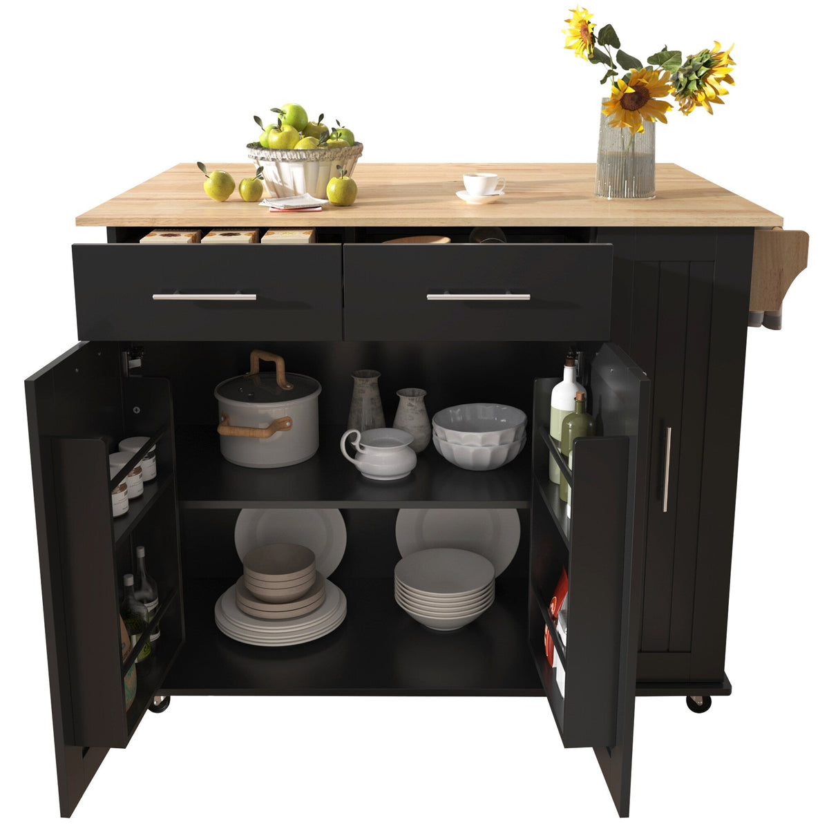 Bybafun Black Mdf Base with Mdf Wood Top Rolling Kitchen Island (29.5-in x 46-in x 37-in)