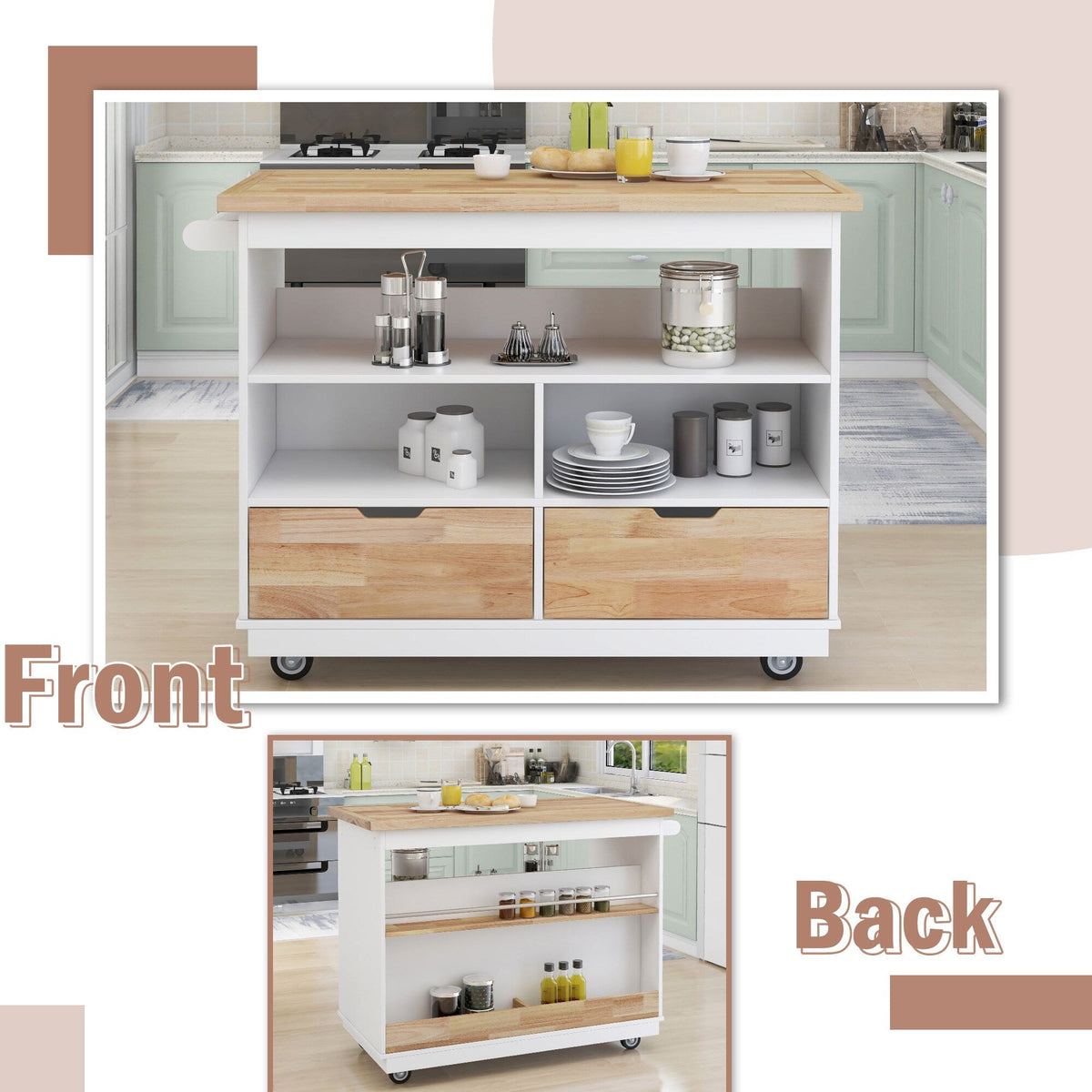 Bybafun White Mdf Base with Wood Top Rolling Kitchen Cart (21.7-in x 43.3-in x 35.6-in)
