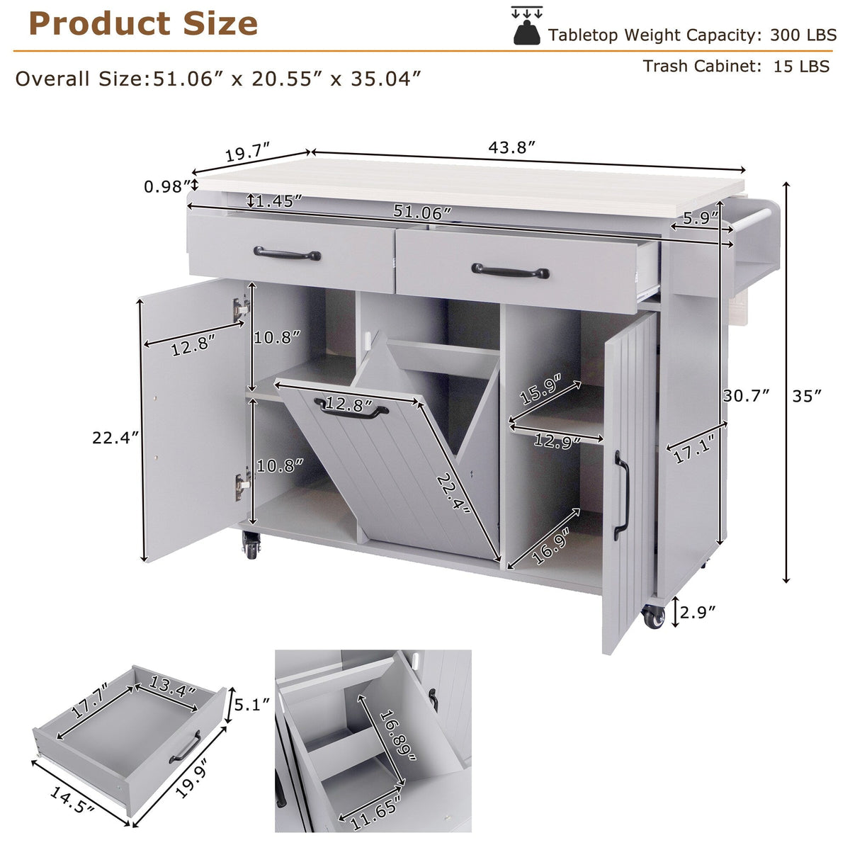 Bybafun Gray Mdf Base with Mdf Wood Top Rolling Kitchen Cart (20.6-in x 51-in x 35-in)