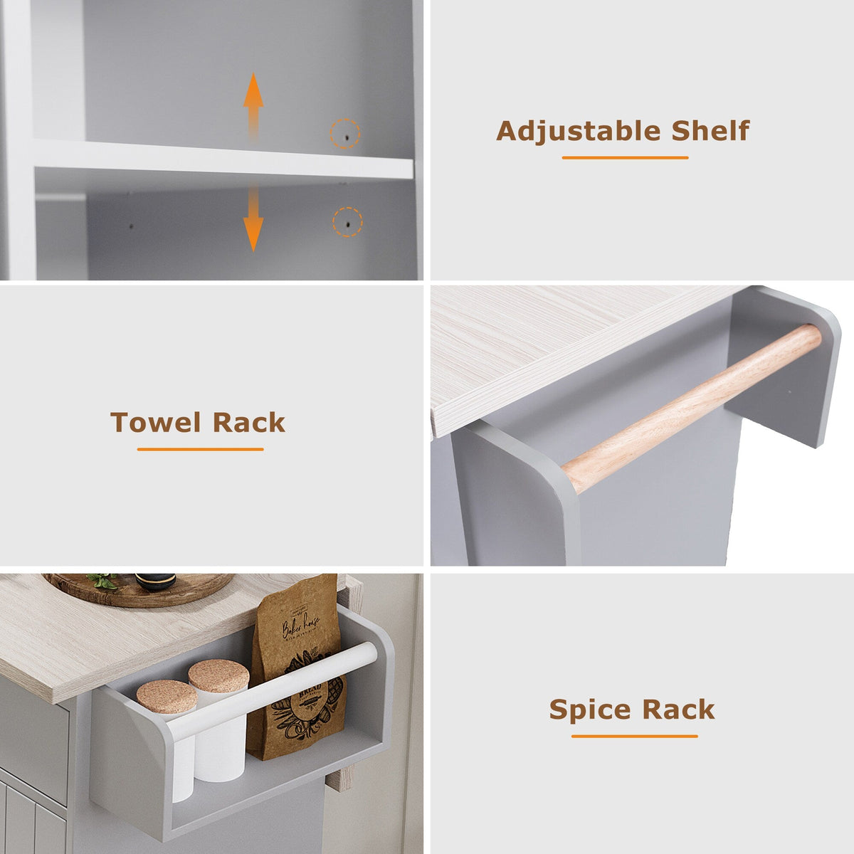 Bybafun Gray Mdf Base with Mdf Wood Top Rolling Kitchen Cart (20.6-in x 51-in x 35-in)