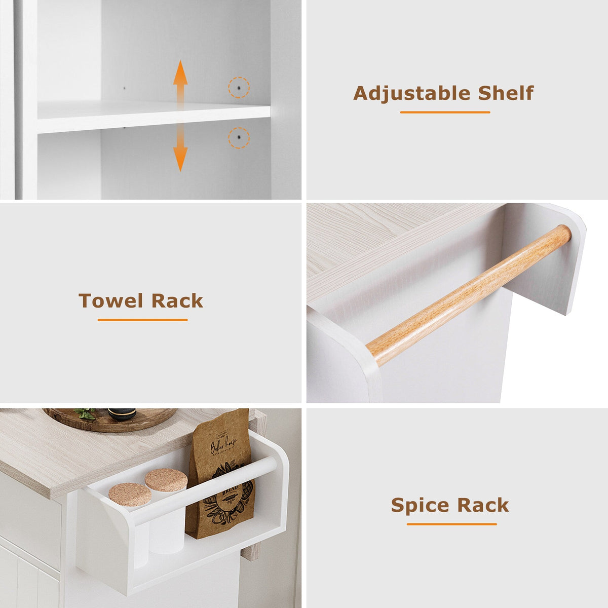 Bybafun White Mdf Base with Mdf Wood Top Rolling Kitchen Cart (20.6-in x 51-in x 35-in)