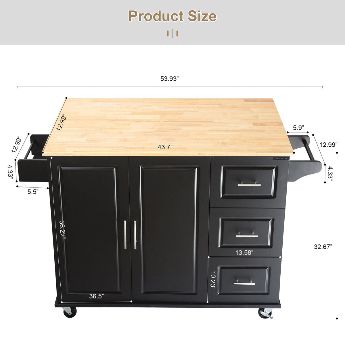 Bybafun Black Mdf Base with Wood Top Rolling Kitchen Island (30-in x 53.9-in x 36.2-in)