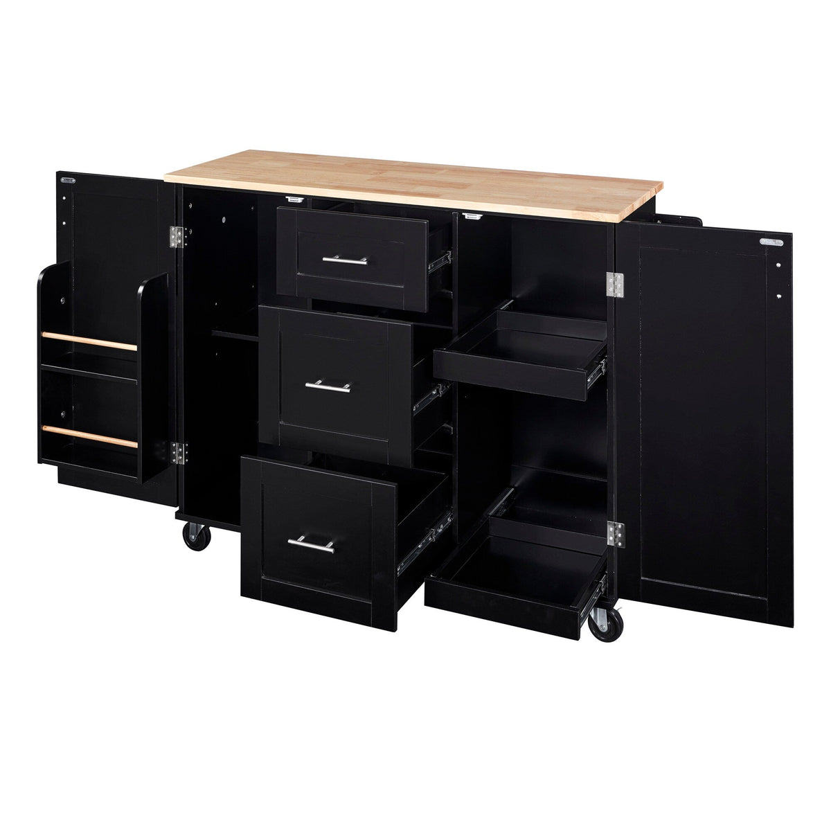 Bybafun Black Mdf Base with Wood Top Rolling Kitchen Island (17-in x 50-in x 36.9-in)
