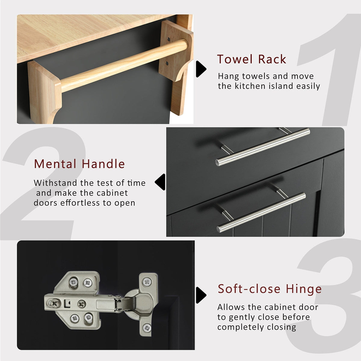 Bybafun Black Mdf Base with Mdf Wood Top Rolling Kitchen Island (29.5-in x 46-in x 37-in)