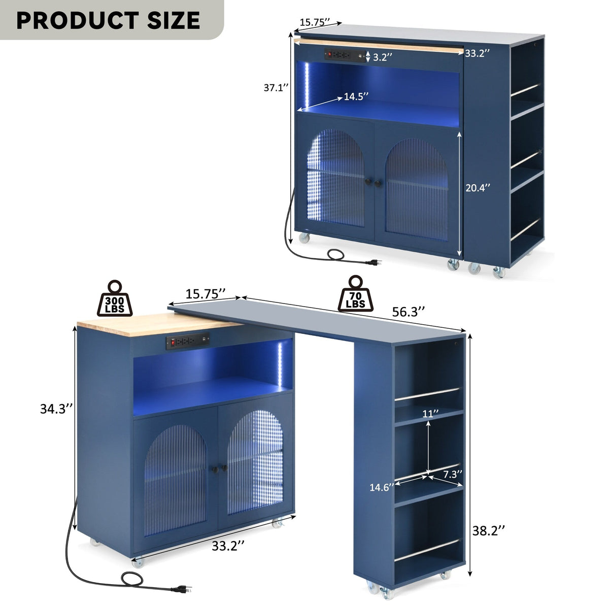 Bybafun Blue Mdf Base with Mdf Wood Top Rolling Kitchen Island (15.8-in x 56.3-in x 37.1-in)