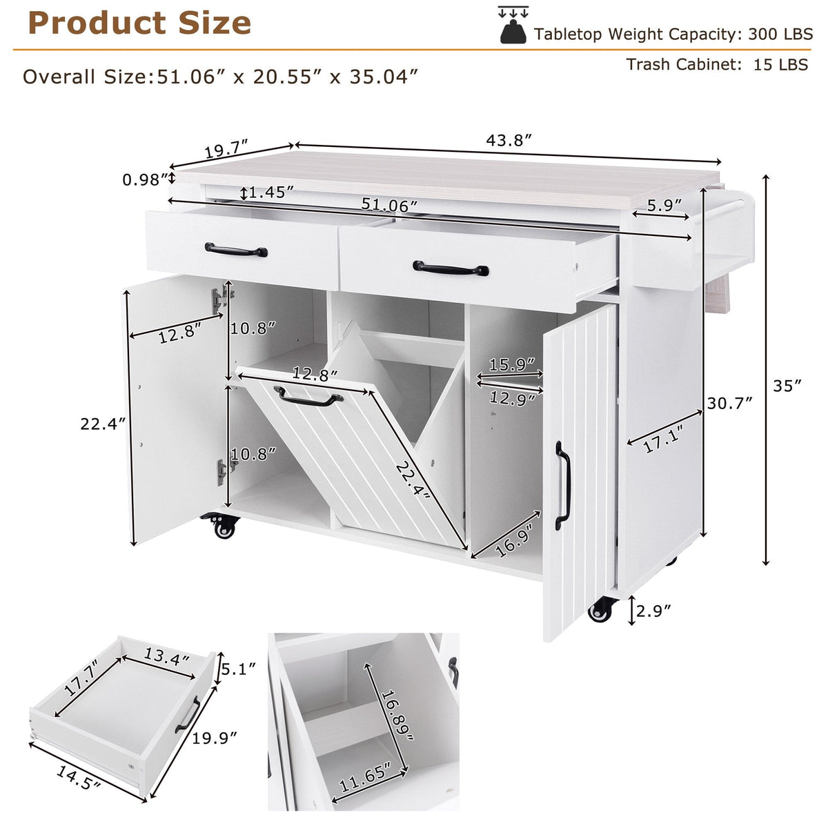 Bybafun White Mdf Base with Mdf Wood Top Rolling Kitchen Cart (20.6-in x 51-in x 35-in)