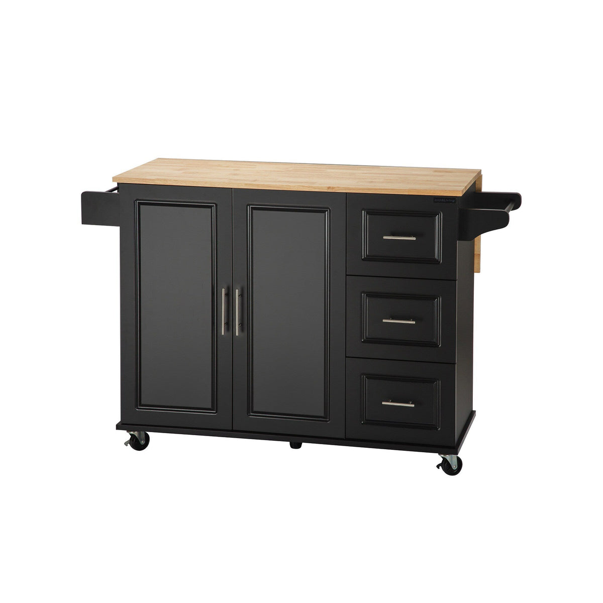Bybafun Black Mdf Base with Wood Top Rolling Kitchen Island (30-in x 53.9-in x 36.2-in)