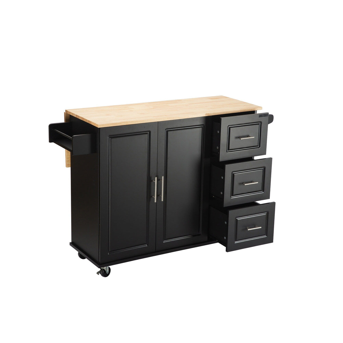 Bybafun Black Mdf Base with Wood Top Rolling Kitchen Island (30-in x 53.9-in x 36.2-in)