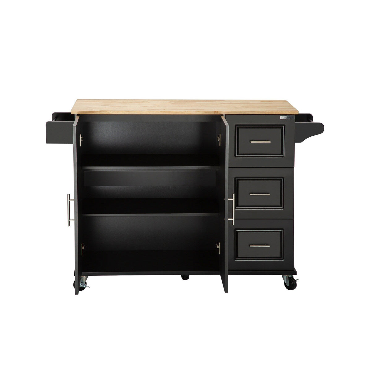Bybafun Black Mdf Base with Wood Top Rolling Kitchen Island (30-in x 53.9-in x 36.2-in)
