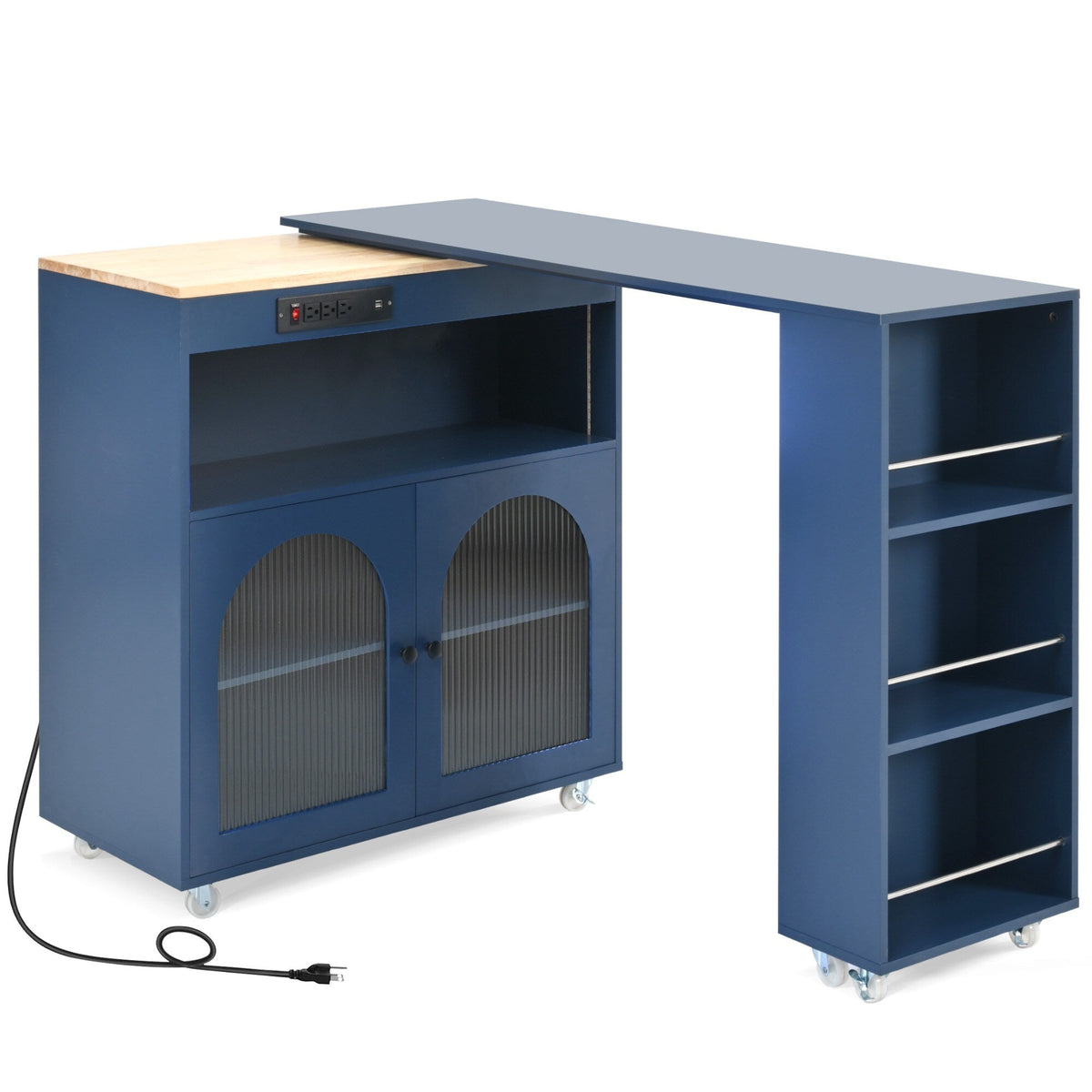 Bybafun Blue Mdf Base with Mdf Wood Top Rolling Kitchen Island (15.8-in x 56.3-in x 37.1-in)