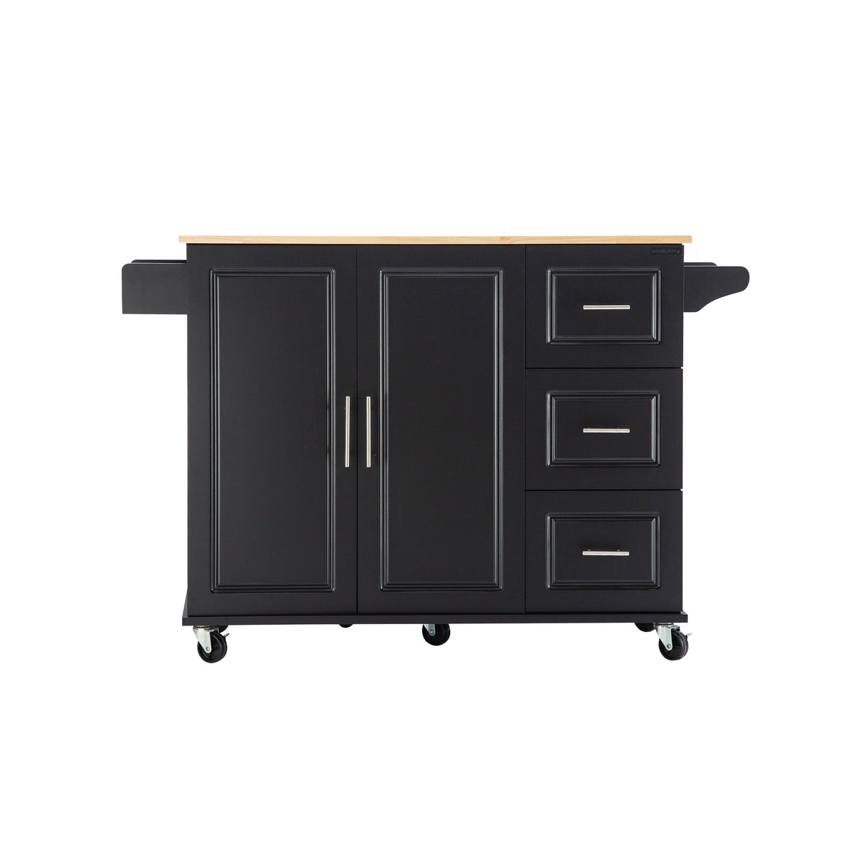 Bybafun Black Mdf Base with Wood Top Rolling Kitchen Island (30-in x 53.9-in x 36.2-in)