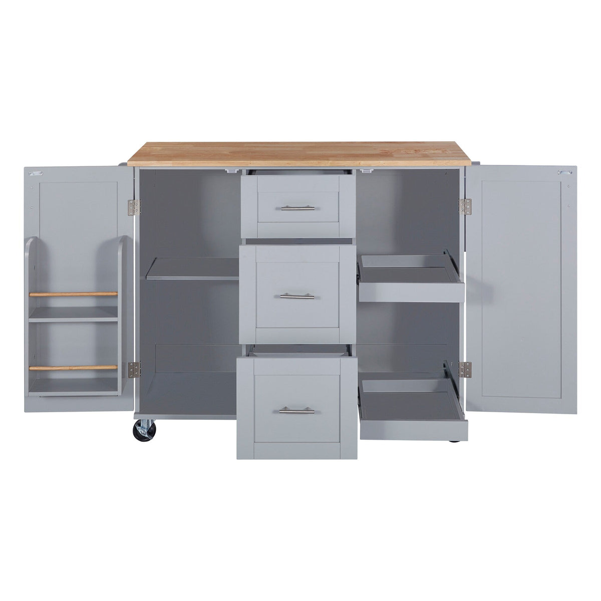 Bybafun Gray Mdf Base with Wood Top Rolling Kitchen Island (17-in x 50-in x 36.9-in)