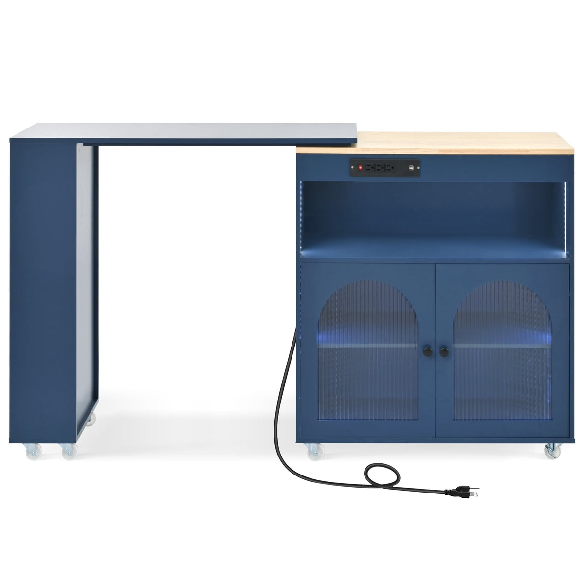 Bybafun Blue Mdf Base with Mdf Wood Top Rolling Kitchen Island (15.8-in x 56.3-in x 37.1-in)