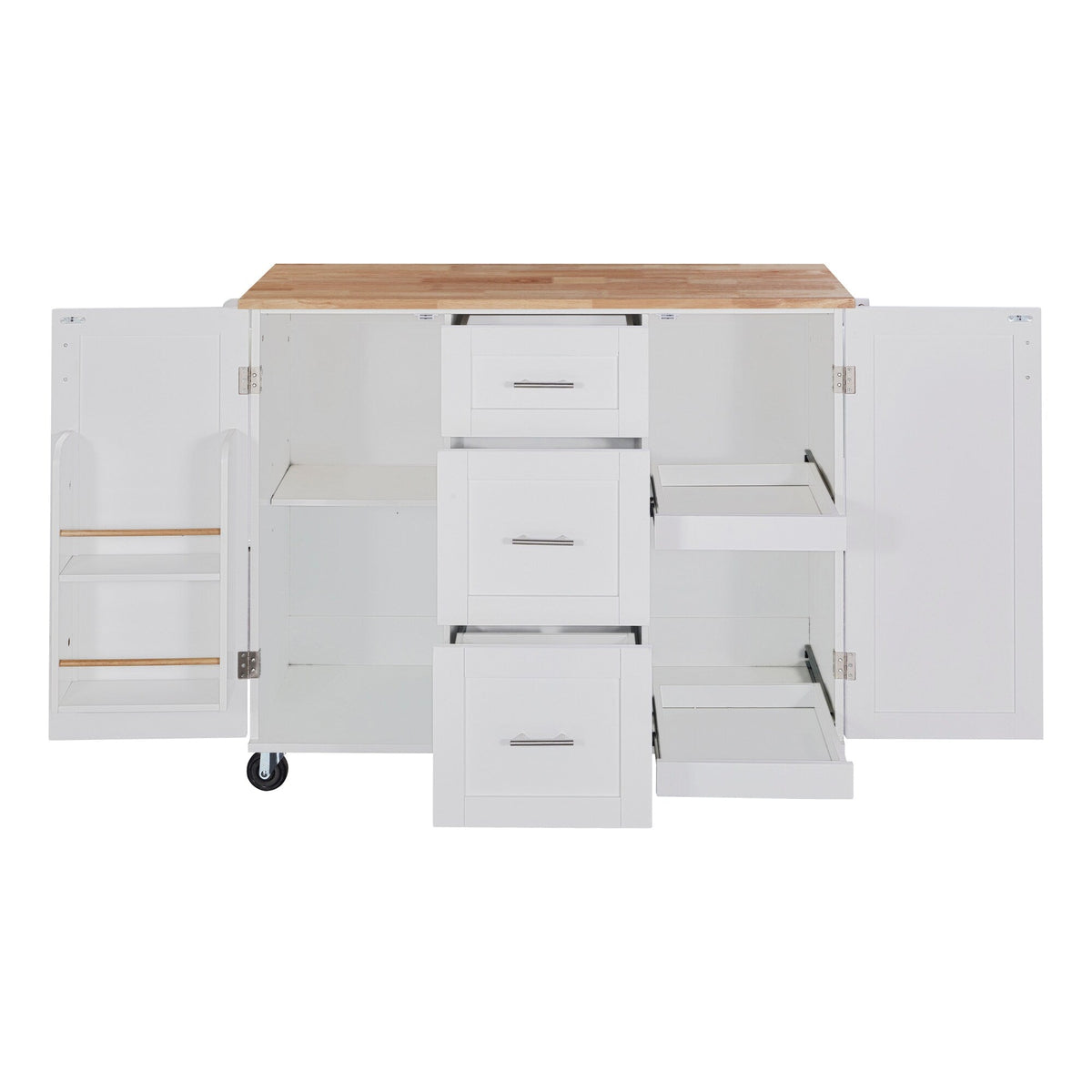 Bybafun White Mdf Base with Wood Top Rolling Kitchen Island (17-in x 50-in x 36.9-in)