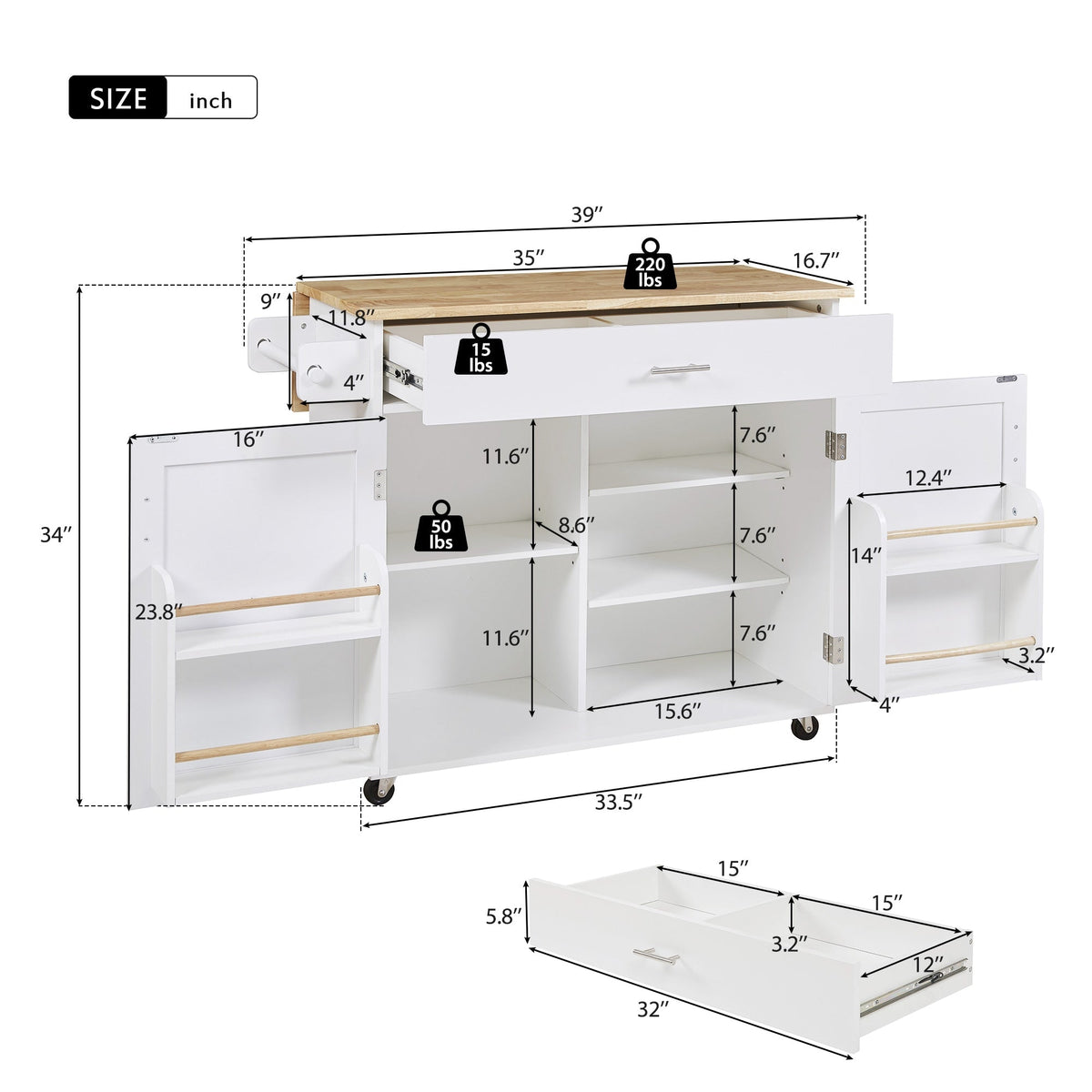 Bybafun White Mdf Base with Wood Top Rolling Kitchen Island (25.7-in x 39-in x 34-in)